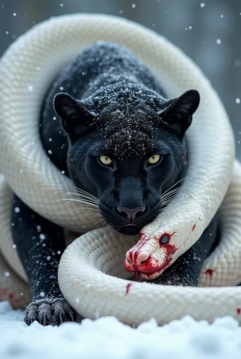 "Create a dramatic and visceral image of a black panther (the animal) locked in a deadly fight with a massive white cobra in the middle of a heavy snowfall. The white cobra is coiled tightly around the panther, its powerful body wrapping and squeezing the ...