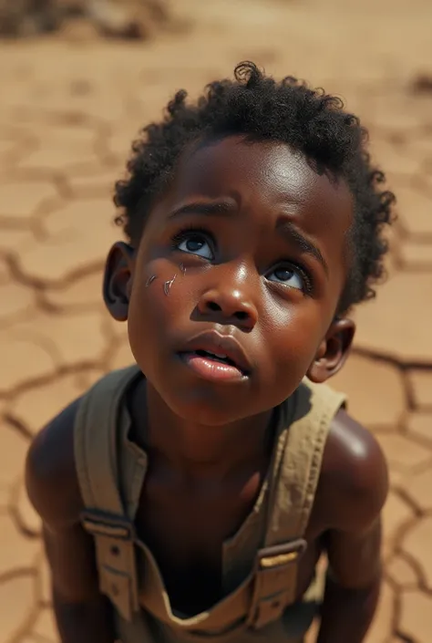 a small  with dark skin, curly hair, crying sadly, tears dripping down his cheeks, wearing torn clothes and dull trousers, standing on dry ground while looking at the sky