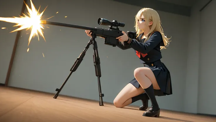 On the left side of the screen, a high school girl , a high school girl is in a black sailor suit,Holding a large sniper rifle by your side, getting on one knee, crouching with your legs wide open, and firing, my hair is fluttering due to the impact of fir...