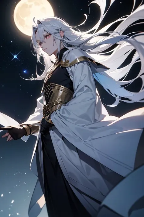 
Caelum Lunaris has a pale, luminous complexion that glows faintly in darkness, like moonlight. His long, silver-white hair flows freely, shimmering as if alive with starlight. His eyes are piercing silver-gray, with a moonlit sheen that shifts to pale blu...