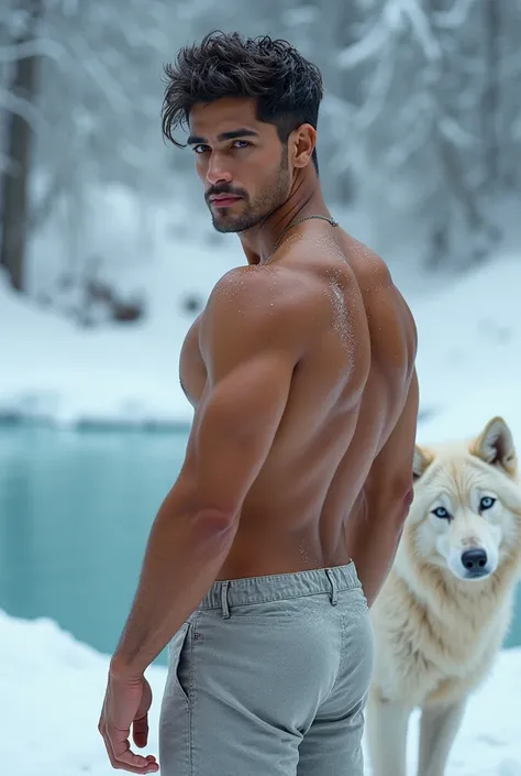  handsome Latino man,  Brasileiro, light-colored white , Bangs on black hair,  blue eyes,  ATHLETIC BODY ,  big uptight ass , na neve , On ice and with a white wolf , completely naked