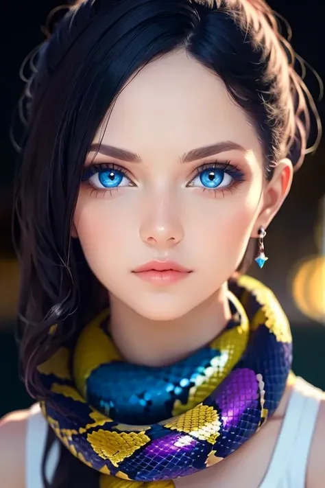 Photo of A beautiful girl, a snake as a scarf, rainbow colors, portrait, blue eyes, lips, topcinematic, (masterpiece, best quality:1.2), background, bokeh, Depth of field, 4k