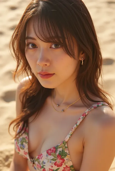 Wearing a floral micro bikini top, NSFW 1.2, from below:1.4,front focus:1.5,(8k RAW photo,live shot,top quality,masterpiece:1.37),extreme light and shadow,full body shot :1.5,detailed clavicle,necklace,earrings for women alone,((one girl),japanese idol,(al...