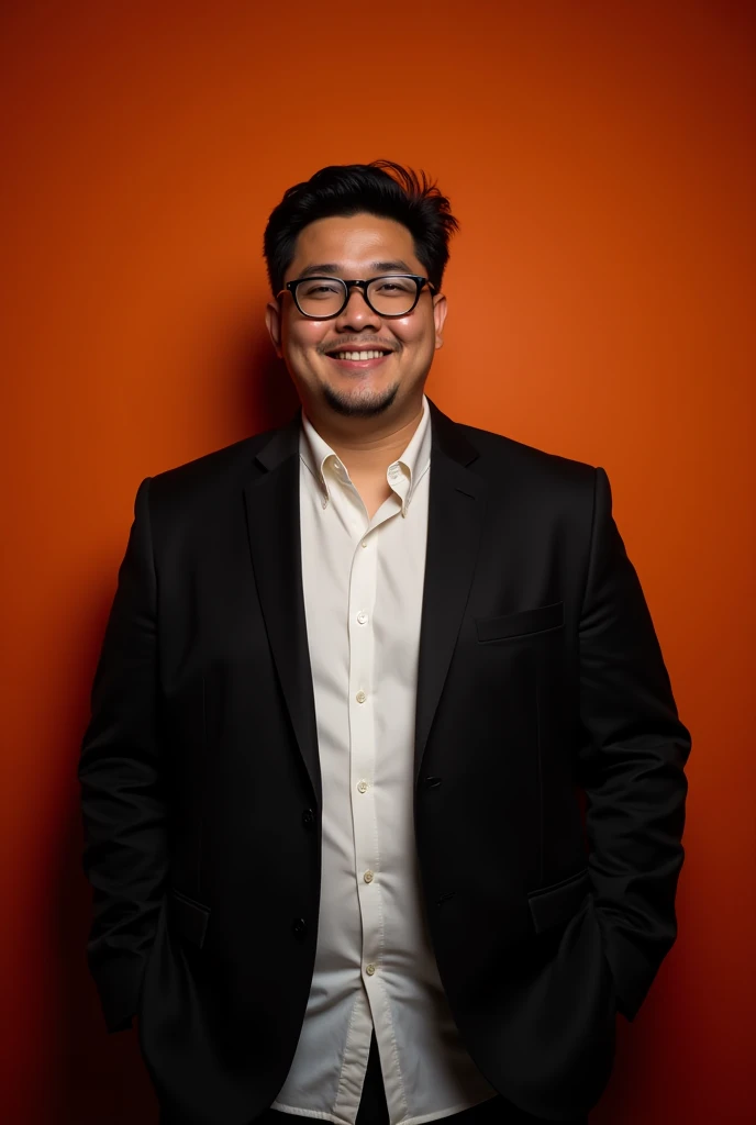 A young fat men with dark medium hair and a confident smile he is dress a black blazer over a white shirt and glass on eyes A man is positioned against dark orange colour backdrop with a subtle lighting of the rate site and posing for linkedin profile