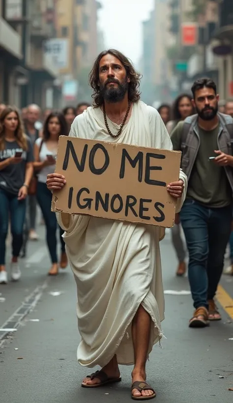 Create an ultra-realistic image of Jesus standing on a busy urban street, holding a cardboard sign that reads 'NO ME IGNORES' in bold, hand-written letters. Jesus is depicted with tearful eyes, his face full of sorrow and compassion, showing deep emotion. ...