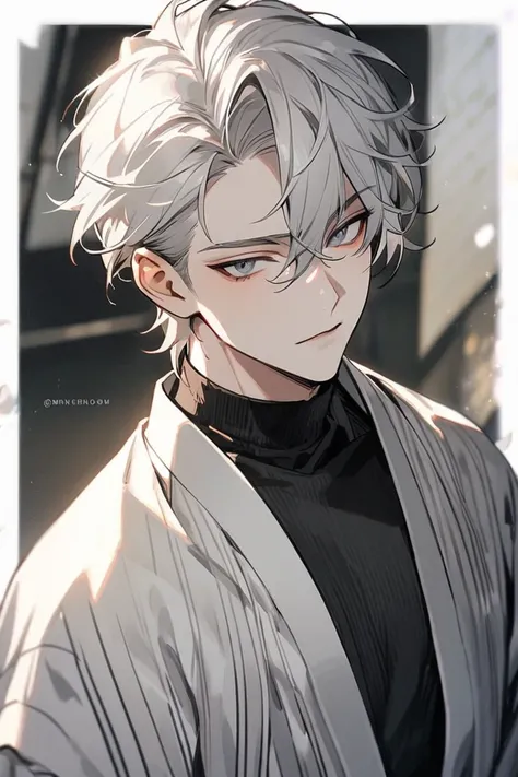 solo, handsome, 1man, 앞머리, silver hair, black turtleneck, kimono, 보석눈