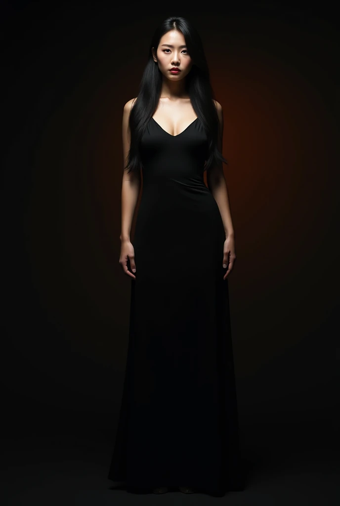 a beautiful korean woman long hair black straight black dress simple full body with sharp gaze black background orange drak shades high quality Poto full body