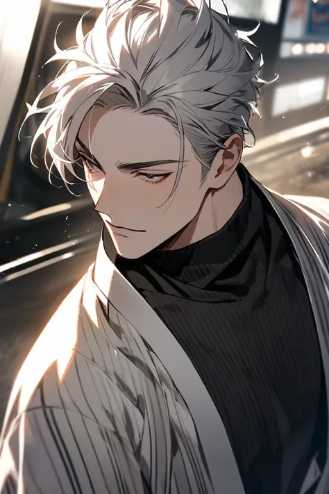 solo, handsome, 1man, bang, silver hair, black turtleneck, kimono, 닌자