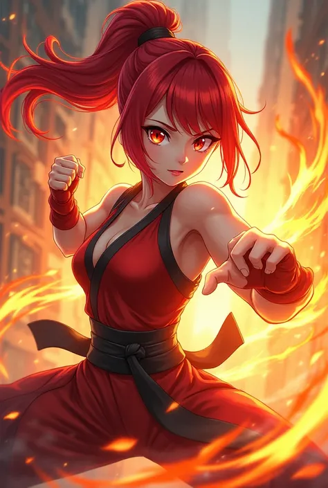 Japanese anime character with half-up ponytail hair, red hair, red eyes, female trainer who uses fire fists and kicks