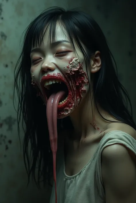 ! Asian Zombie girl with half rotten face, jawless with a long, wet tongue, pale skin and blank eyes.