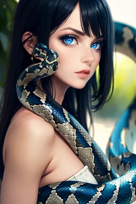 Photo of A beautiful girl, (snake iridescent), blue eyes, lips, topcinematic, (masterpiece, best quality:1.2), background, bokeh, Depth of field, 4k