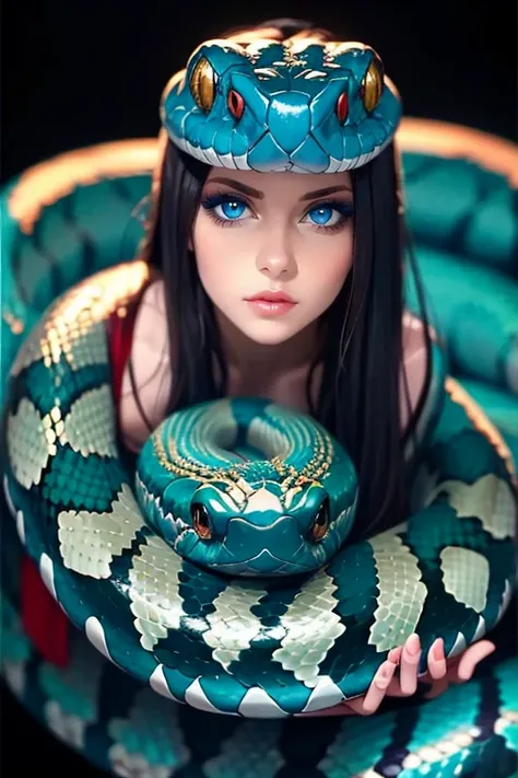 Photo of A beautiful girl, (snake iridescent), blue eyes, lips, topcinematic, (masterpiece, best quality:1.2), background, bokeh, Depth of field, 4k