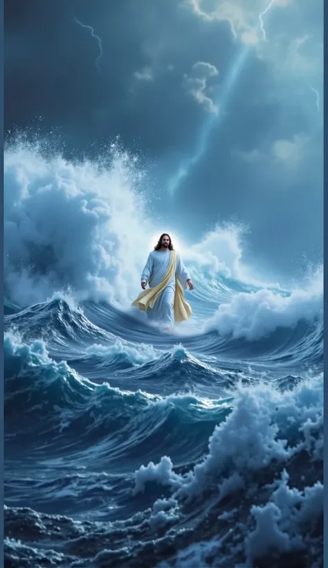 "A breathtakingly realistic depiction of Jesus Christ walking on stormy, tumultuous waters during an intense tempest. The dark ocean is alive with enormous, churning waves, their crests illuminated by flashes of lightning slicing through a sky thick with d...