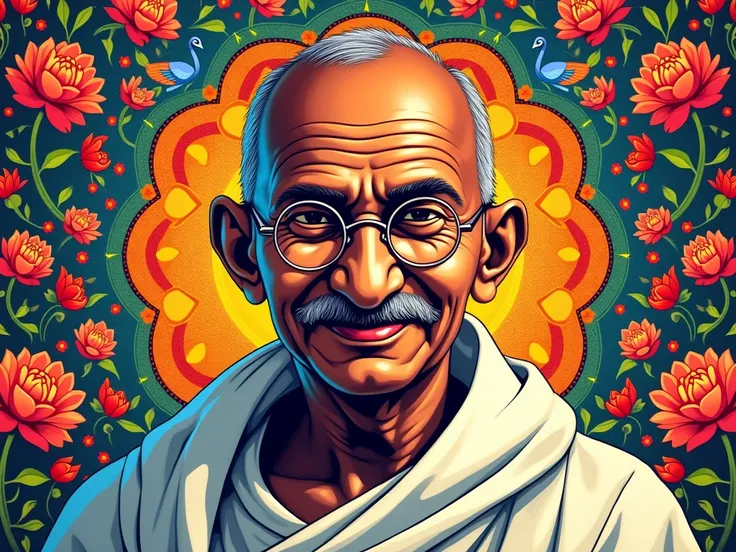 Incredibly creative painting concept drawn in a comic style, exaggerated facial expressions of ghandi intricate symbols representing national culture and history, elegantly carved, high contrast, clean lines, ultra-thin, digital rendering