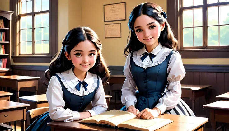 Two young girls, Sara Crewe and Ermengarde, sitting together in a Victorian-era classroom. Sara has thick, neatly tied black hair and large, intelligent eyes, wearing an elegant but modest Victorian dress. She exudes calm confidence and kindness, gently sm...