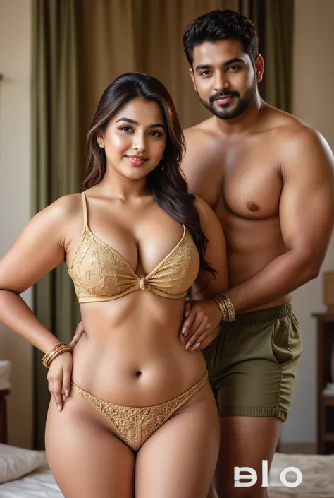 Front view , full body image of a 25 year old hourglass figured plus sized Telugu anchor syamala, front view, embroidered sandal gold colour transparent nettype body tight bikini, breasts and nipples visible, beautiful big belly button,, very big breasts a...