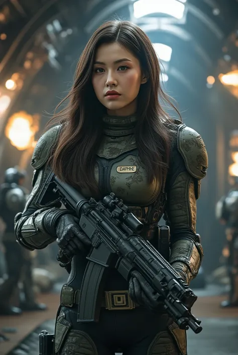 8k, UHD, Realistic, full body, Beautiful, captivating, female super soldier from 20 and Back project, facial mixed of Kim Ji-won, deep cleavage, fiery, weary yet charming look, depending the Kuiper Belt from Draconian, heavily armed, heavy damage combat ar...