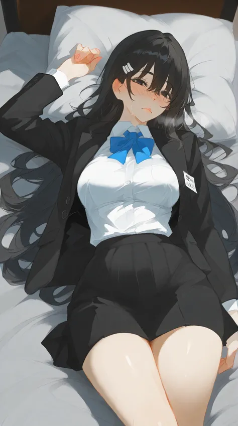   love hotel scenario, an Italian  girl  with very long black hair,  big breasts, thin,  girl , the  girl  is wearing a blouse and a miniskirt with lapels、 drunk、 Lying in bed seductively、 fat old man 、misconduct、  fat old manにベッドで抱かれている、 casual office lad...