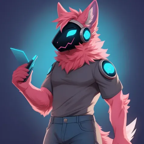 Male, Protogen, Anthromorphobic, age 24, pink fur, grey t shirt, blue jeans, high-quality