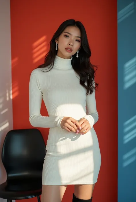 ＡJapanese woman with a very beautiful beauty like an actress
A stylish and elegant woman posing indoors against a vibrant, modern backdrop. She is wearing a fitted, white ribbed-knit turtleneck mini dress that accentuates her slender and graceful silhouett...