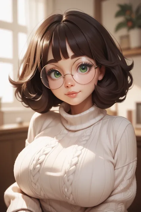 Girl with dark brown hair, sweater that kills a virgin, big breasts, big eyes, fluffy bob, cute dark green eyes, round glasses