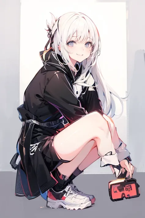 anime girl, cute, white hair, side tail, cute, pretty, full color, sad, smiling, anime, black tshirt, black shorts, tying hoodie on waist, full color, 