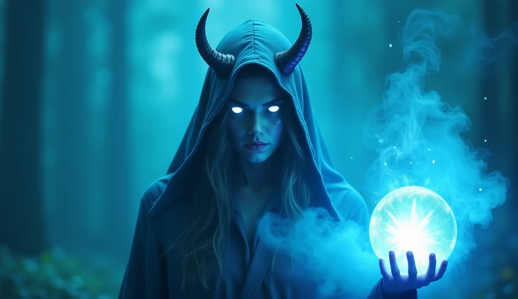 Create a sorceress with a cyan hood and demon horns in blue,  sphere full of smoke that only bright white eyes can be seen with an explosion of blue in the background, located on the right side of the image , video game style, with a sphere of sparks in hi...