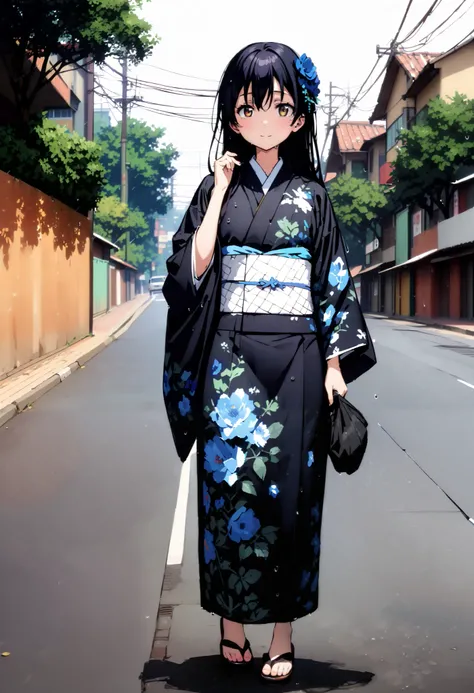 Alone,Sonoda Umi  ,  long hair, bangs,  's hair,  brown eyes,   blue hair ,smile,blush, close your mouth,Blue flower pattern furuncle , kimono,White Belt,Hair extensions, flower hair ornament white footbag ,Sandals, holding the grip of a Japanese umbrella ...