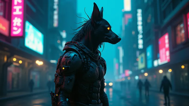 cyberpunk dog human hybrid, in cyberpunk  city neon glowing,  pupils neon glowing