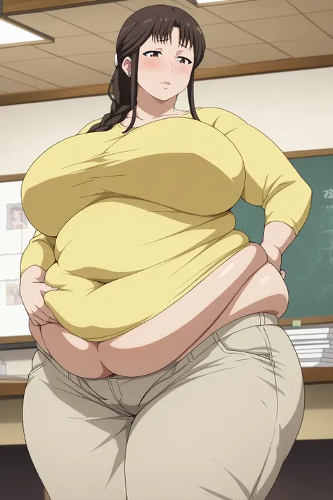  Segawa Misato,misato segawa,  long hair、 brown hair 、low ponytail、 braided hair, brown eyes、yellow long sleeve shirt、 beige long pants,gigantic breasts,enormous breasts,Sloppy belly fat,Pinch your belly with both hands , troubled expression,blush,milf,Mid...