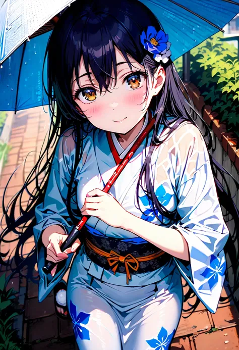 Alone,Sonoda Umi  ,  long hair, bangs,  's hair,  brown eyes,   blue hair ,smile,blush, close your mouth,Blue flower pattern furuncle , kimono,White Belt,Hair extensions, flower hair ornament white footbag ,Sandals, holding the grip of a Japanese umbrella ...