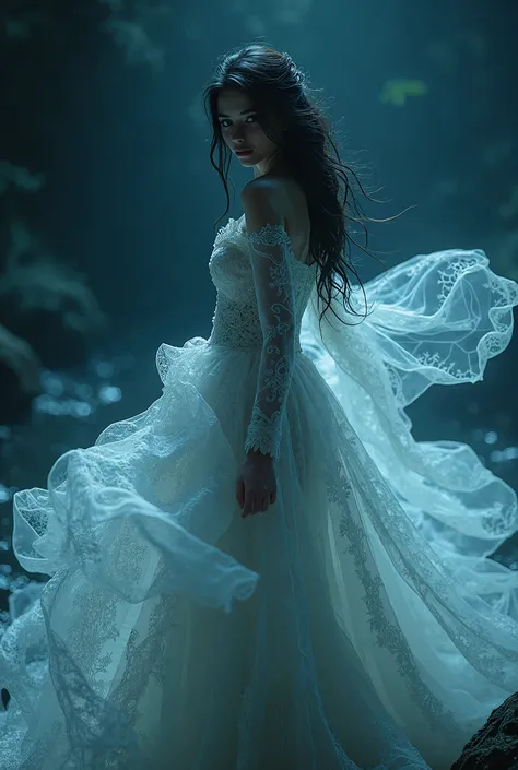 In shadows woven, soft and fine,
She walks the edge of dreams divine,
Dressed in elaborate lace that flows,
A haunting beauty, the night bestows.
Each thread a story, intricate, rare,
Like whispers of the ocean’s air.
Her gown, a wave that sways and dips,
...