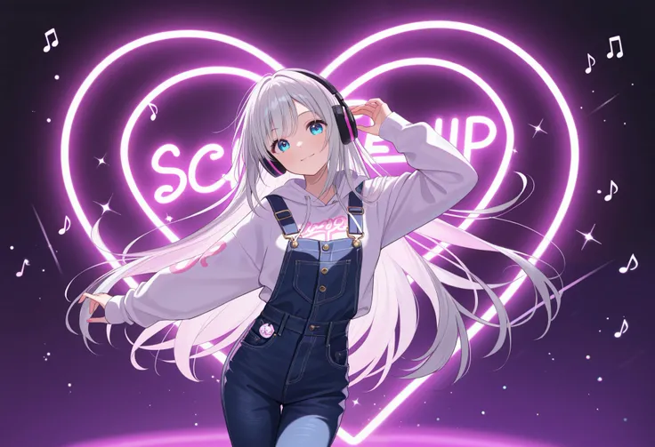  night club style background 、 colorful neon lights are shining 。 One silver-haired woman wears casual pop fashion、 dancing happily while riding a rhythm 、Age 30、hoodie and jeans 、Wearing headphones、 The background has musical notes and effects that symbol...