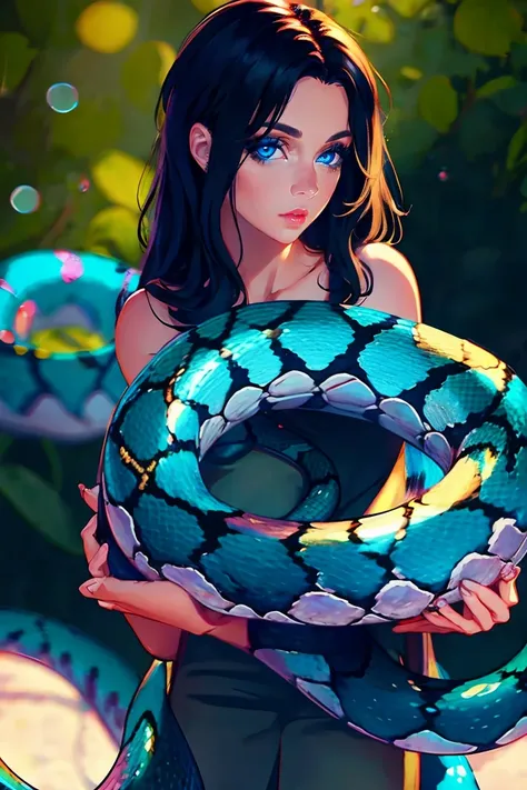 Photo of A beautiful girl, (snake iridescent), blue eyes, lips, topcinematic, (masterpiece, best quality:1.2), background, bokeh, Depth of field, 4k, whimsical 