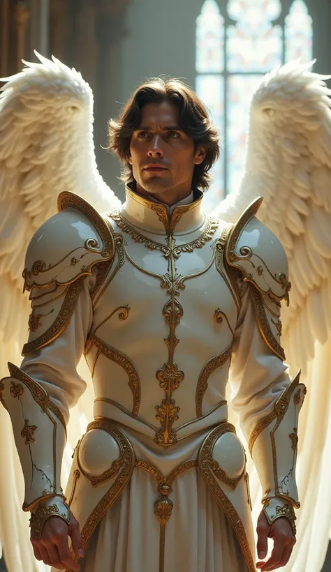 "A majestic and noble male angel standing in a grand cathedral, illuminated by a soft, semi-white ambient light that creates a serene and sacred atmosphere. The angel has large, pure white feathery wings that radiate divinity and strength. He is dressed in...