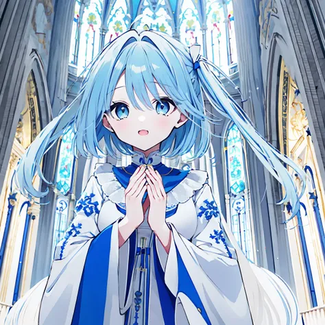  super precision 　 best quality　One person　Blue hair and blue eyes like jewels　 cute　Glass　Cracked　Background、Fantastic church