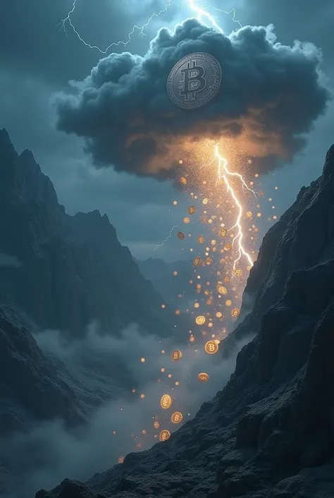 Lightning hits a dark cloud with the bitcoin symbol and, from there, a mountain of small bitcoin coins fall to the ground and head down the mountain