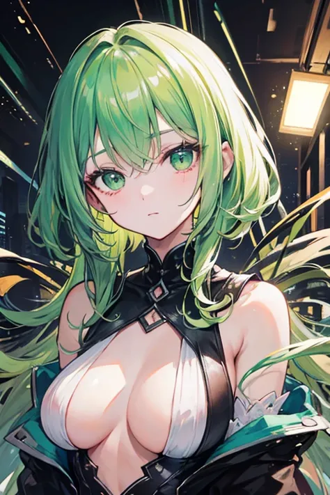 masterpiece,  top quality,  amazing quality , sidelighting, Character-centered, light green hair, Green eyes, Neat,  beautiful,  attractive , medium_breasts,