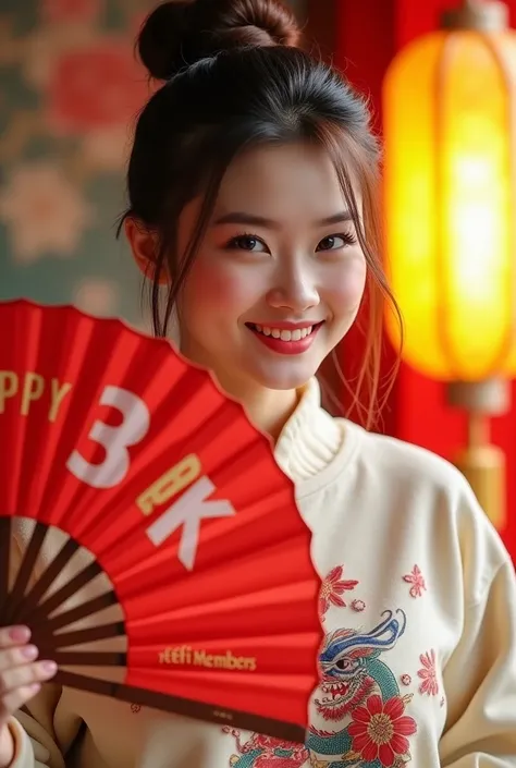 Realpic ,  a beautiful Chinese woman wearing a sweatshirt Chinese color cream motif dragon hair bun smile holding a red fan writing "Happy 3K EBFNA members" beautifully engraved,  background barongsai yellow color red decorative lamp , photo looks real hd ...