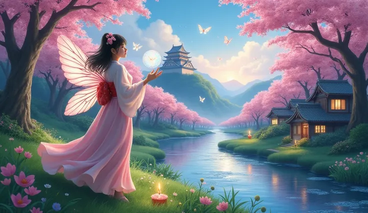 "A magical and serene valley with lush greenery, vibrant cherry blossom trees, and a sparkling river flowing through the scene. In the foreground, a graceful young girl dressed in a flowing kimono with glowing translucent fairy-like wings holds a luminous ...