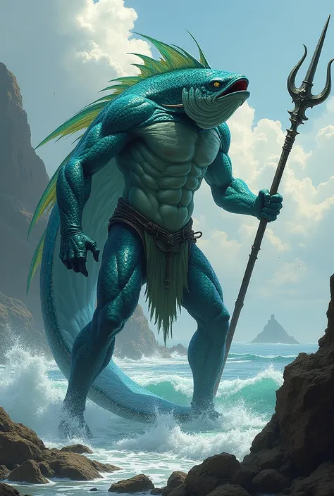 Tainan Sea Guard.  An imposing fish warrior with a tip of triden, whose scales shimmer blue-green .