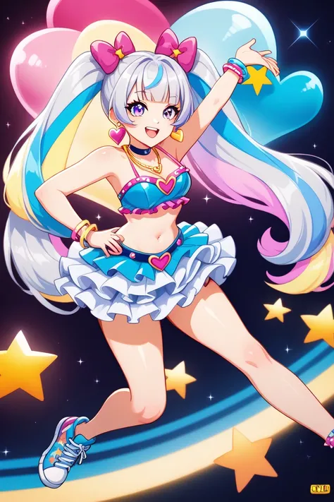 1 woman，upright，arms at sides，concept art，Sparkling pink twintails，Her hair is studded with colorful hair accessories in the shape of stars and hearts，Shining silver and pink concert costumes，The top is a fitted crop top，sequins are shining，Skirt is made o...