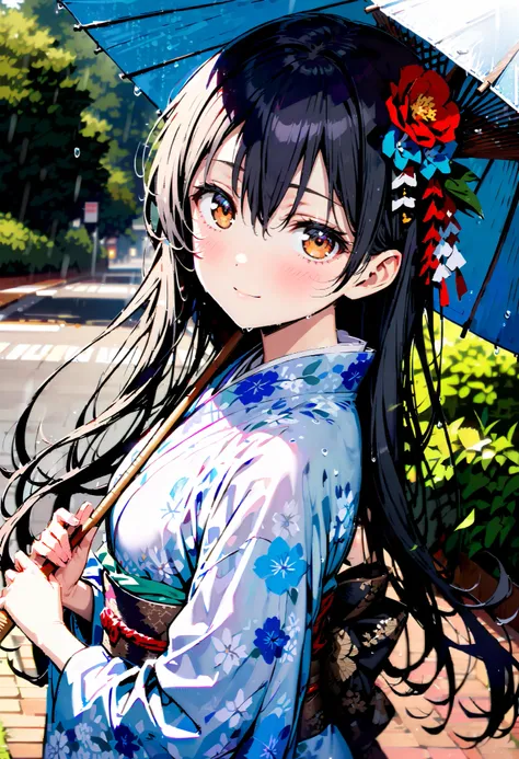 Alone,Sonoda Umi  ,  long hair, bangs,  's hair,  brown eyes,   blue hair ,smile,blush, close your mouth,Blue flower pattern furuncle , kimono,White Belt,Hair extensions, flower hair ornament white footbag ,Sandals, holding the grip of a Japanese umbrella ...