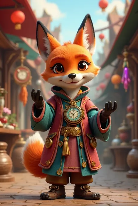 Make a cute 3D fox Merchant with res details. He is also a time traveller