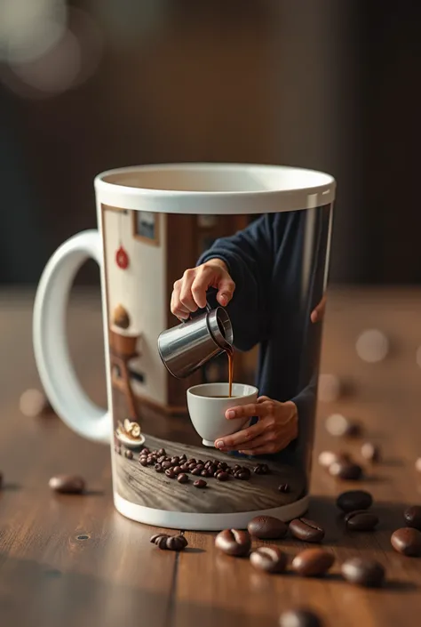 a close up of a coffee mug with a picture of a man pouring coffee, a picture by Muggur, pixabay, hurufiyya, coffee cup, coffee cups, montage, official product image, photo product, uploaded, photo collage, very realistic effect, ( ultra realistic ), render...