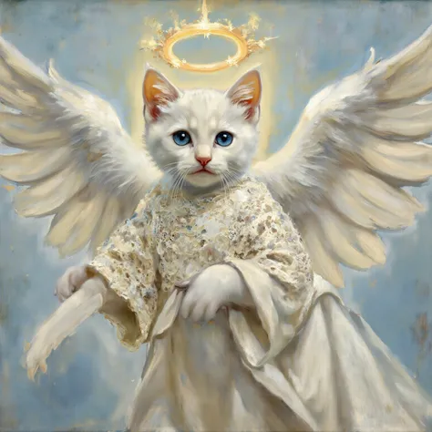 beautiful white kitten　angel lace robe　Feather　Like a religious painting　 sacred　 flying in the sky　Get in the way　 blue eyes　Ring of Light Overhead 　More advanced camera angles　 use the magic of light　happiness　Glitter background　Aura of Light　　 Renaissan...