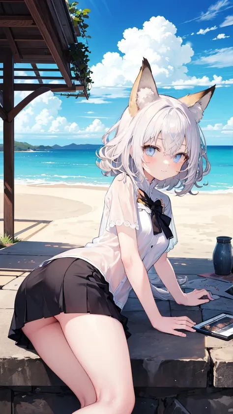 summer、sea、ruins、Curly hair、 low angle、Cumulonimbus、 slender、 Cute Poses、smile、 Cool Personality、 boyish、July、 blouse、 miniskirt、 fox ear、Fox&#39;s Tail、 schoolgirl、 in ultra high quality、masterpiece、Masterpiece、 blue eyes、wallpaper、Standby