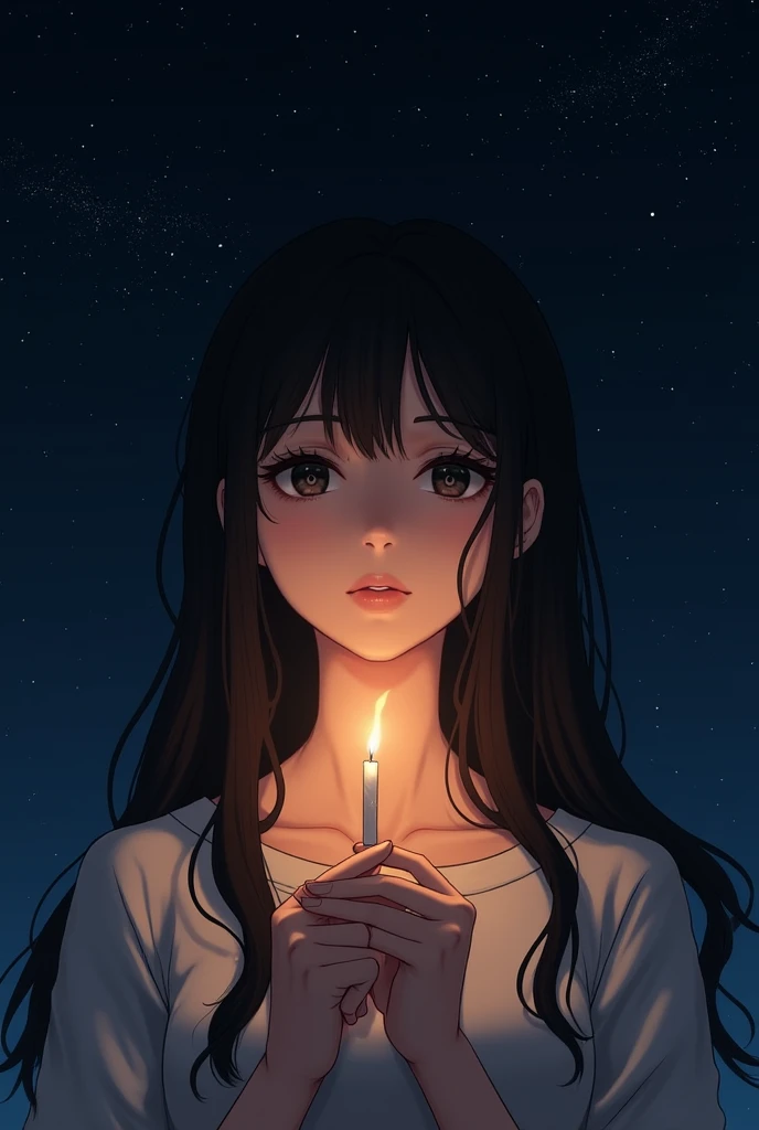 Black-haired woman holding starry birthday candle 