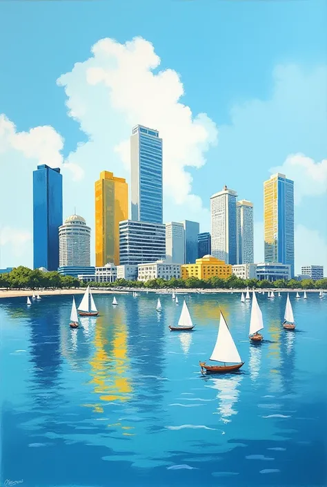  beautiful representation of Luanda Bay painted with oil paint brush, capital of Angola. In the background,  we can see tall and colorful skyscrapers , reflecting in the serene water of the bay .  The sailing boats scattered on the water suggest a bustling...