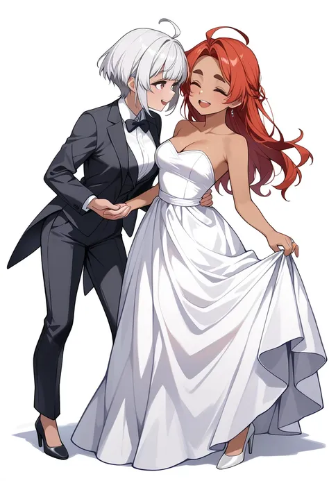 2girls, multiple girls, red hair, closed eyes, dark-skinned female, dark skin, ahoge, open mouth, breasts, white hair, long hair, cleavage, bare shoulders, short hair, grey eyes, collarbone, looking at another, grey hair, dress, white dress, high heels, pa...